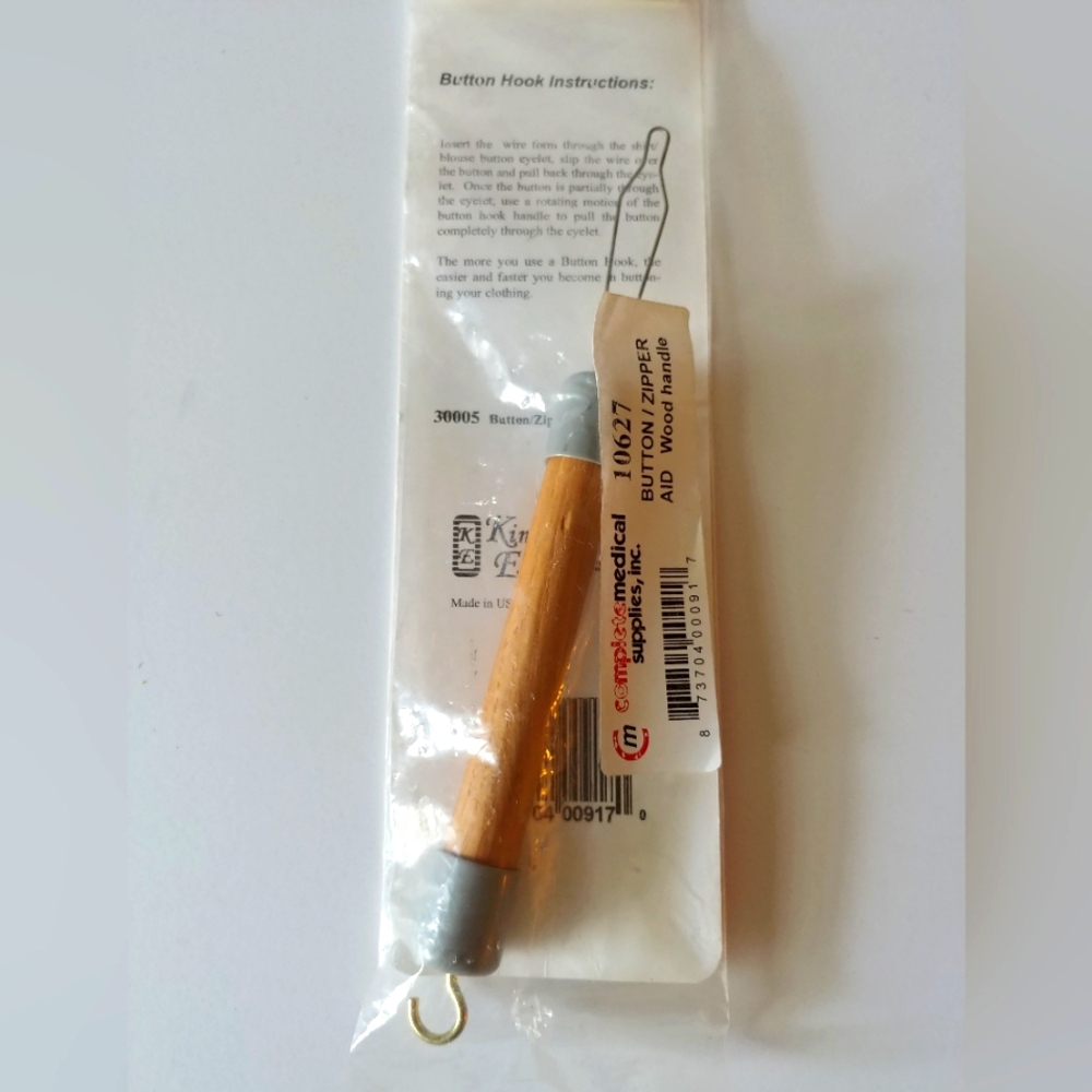 Vintage Button Hook with Wooden Handle Sewing Tool Original Packaging